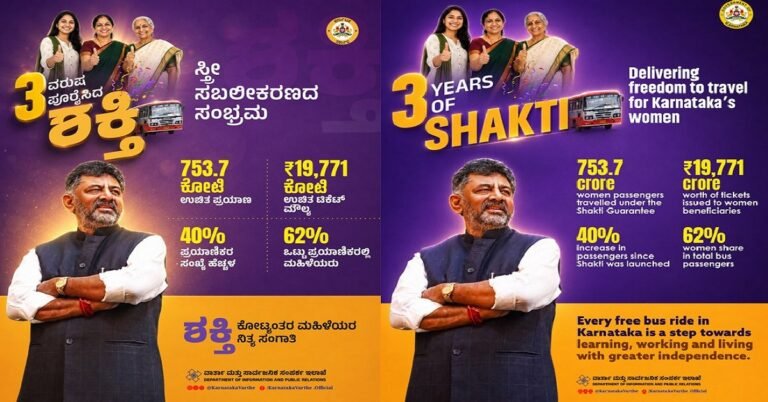 ಮೂರು ವರ್ಷ ಪೂರೈಸಿದ ‘ಶಕ್ತಿ’ ಯೋಜನೆ ; ಮಹಿಳೆಯರಿಂದ ₹19,771 ಕೋಟಿ ಮೌಲ್ಯದ ಉಚಿತ ಪ್ರಯಾಣ!