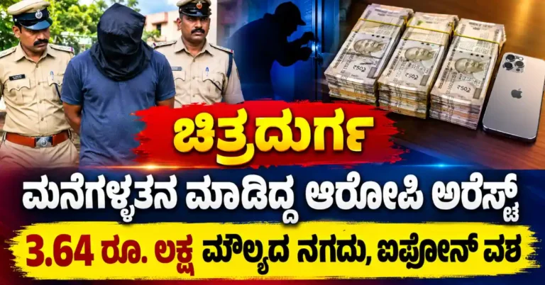 ಚಿತ್ರದುರ್ಗ ಮನೆಗಳ್ಳತನ ಮಾಡಿದ್ದ ಆರೋಪಿ ಅರೆಸ್ಟ್ : 3.64 ರೂ. ಲಕ್ಷ ಮೌಲ್ಯದ ನಗದು, ಐಫೋನ್ ವಶ
